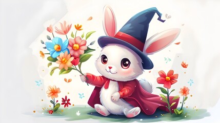 Playful Cartoon Rabbit Magician Pulling Out Bouquet of Flowers on White Background