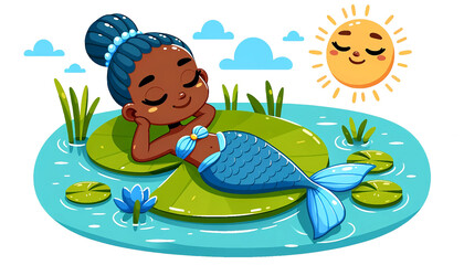 Obraz premium African mermaid with tan skin, wearing a blue outfit, basking in the sun while laying on a large lily pad in a calm pond. 
