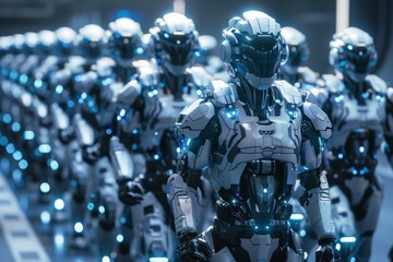 Fototapeta premium A group of cybernetically enhanced soldiers marching in formation, AI generated