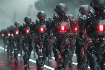 Naklejka premium Several robots strolling along a city street, displaying a variety of shapes and colors in a futuristic setting, A group of cybernetically enhanced soldiers marching in formation, AI generated