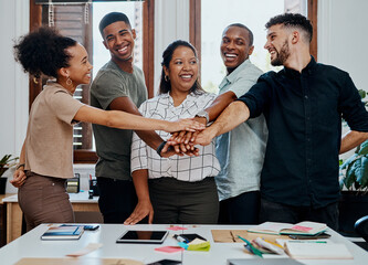 Business people, smile and hands stack at startup for solidarity, support or teamwork at company....