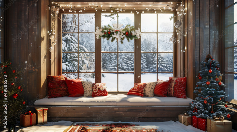 Aufkleber Sunlight streaming through windows of a cozy log cabin decorated for christmas with a view of a snowy forest