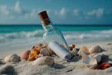 A bottle containing a message is half-buried in sand alongside seashells on a beach, highlighting the ocean waves and a clear sky, symbolizing hidden messages and exploration.