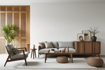Fototapeta premium Minimalist Living Room Decor Ideas with Wooden Cabinets and Accessories for White Walls