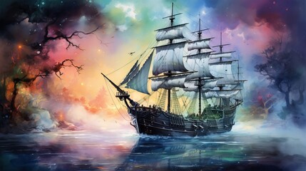 Fototapeta premium A majestic sailing ship gliding through colorful mist and water, surrounded by enchanting trees and vibrant hues of light.