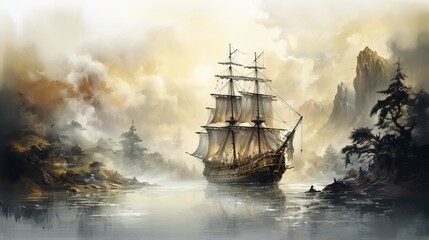 Obraz premium A majestic ship sailing through calm waters, surrounded by ethereal fog and towering cliffs, capturing a serene maritime landscape.