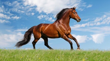 Majestic Horse Running in Open Field Under Blue Sky