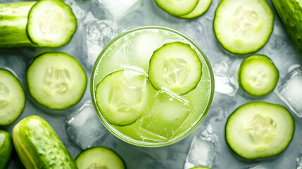 chilled glass of cucumber juice with ice, surrounded by sliced cucumbers
