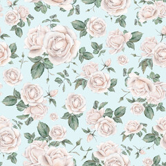 Light pink roses seamless pattern. Light cream roses arrangement. collection garden flowers and leaves. watercolor hand painting illustration on isolate background. For wedding invitations