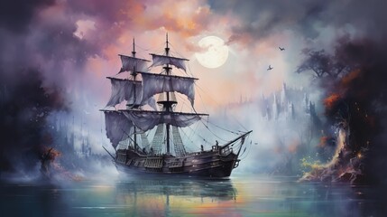 Fototapeta premium A majestic ship sails through a misty ocean under a vivid sunset, creating a mystical, adventurous atmosphere.