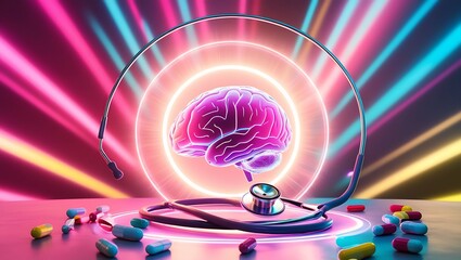 Fototapeta premium Stethoscope with Brain Hologram: Merging Medical Technology with Advanced Neurological Insights