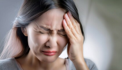 Person holding their head in discomfort, symbolizing illness, pain, and medical concern.