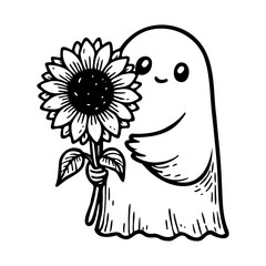 cute ghost holding a sunflower doodle sketch