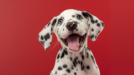 Adorable Dalmatian Puppy with Spots and Playful Expression on Red Background