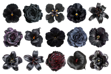 PNG blooming black flower element set, transparent background