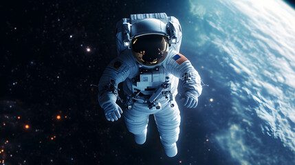 Astronaut at spacewalk, space exploration. Human explore the universe and the galactic planets, Cosmic background of a spaceman