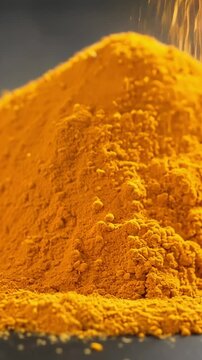 Turmeric powder is poured onto a pile of turmeric against a dark background