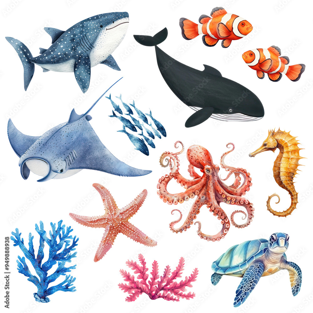 Wall mural PNG watercolor sea life element set, transparent background