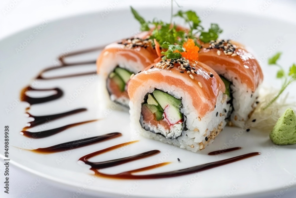 Wall mural Delicious Salmon Sushi Rolls with Sesame Seeds and Soy Sauce Drizzle