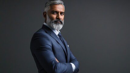 Fototapeta premium A confident Indian businessman with a gray beard wearing a suit. Career, corporate, professional.