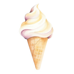 Delicious vanilla ice cream cone with creamy swirl on white background, perfect summer dessert or sweet treat image.
