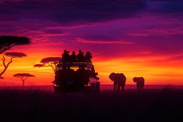 Fototapeta premium A safari jeep with photographers silhouetted against a spectacular sunset in the savannah, capturing the majestic elephants, symbolizing adventure and wildlife patience.