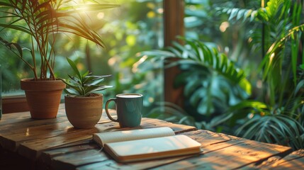 Obraz premium A cup of coffee, a book and a few plants sit on a wooden table.