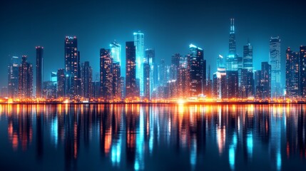 Fototapeta premium City skyline at night, showcasing modern architecture and advanced lighting technology. Ideal for technology-themed presentations or futuristic visuals.