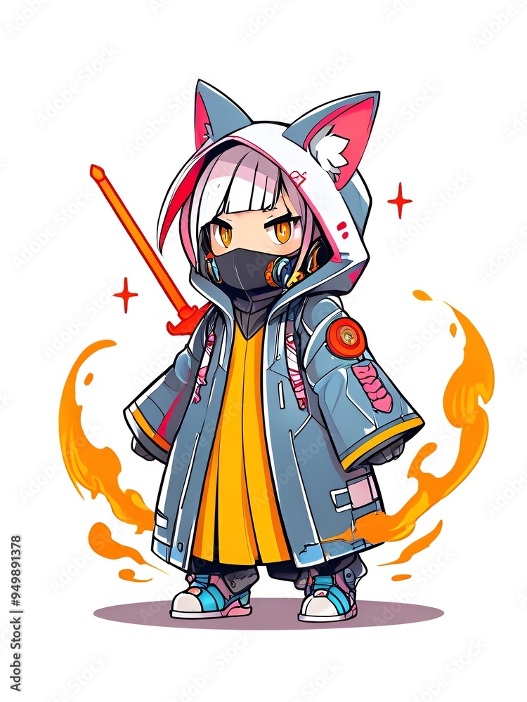 Wall mural anime girl in a cool outfit and fire