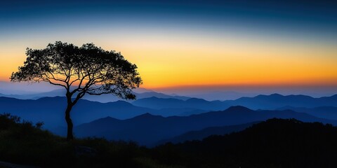 Fototapeta premium Tree silhouette against a stunning sunset over mountain peaks.