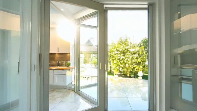 Modern white kitchen with open doors leading to a sunny outdoor space