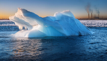 Close-Up of a Melting Iceberg with a Background of Pollution