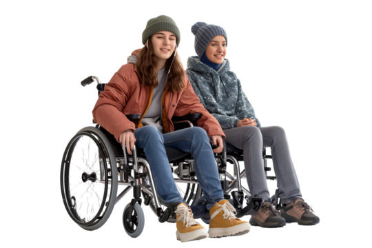 Woman in wheelchair listening to music with headphones isolated on transparent background - Powered by Adobe