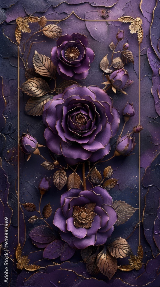 Wall mural purple frame with golden floral decoration, on a purple background, paper roses and leaves, with a g