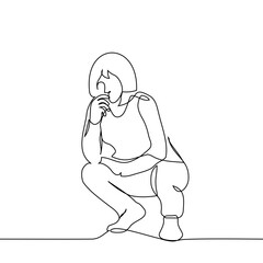 woman squatting thoughtfully - one line art vector.