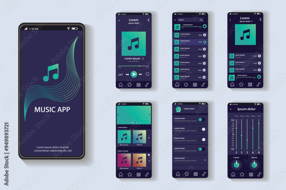 Poster music app concept in flat design. this image shows the music app's user interface with multiple scre
