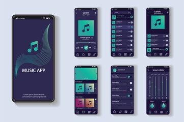 Music app concept in flat design. This image shows the music app's user interface with multiple screens displaying features such as songs, playlists, and settings. Vector Illustration.