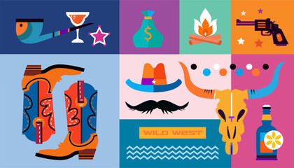 Wild west concept  Art poster set icons retro vintage elements  for posters,  greeting cards  Vector flat icon illustration
