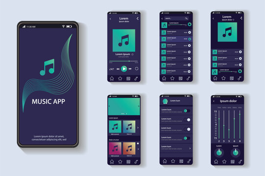 Music app concept in flat design. This image shows the music app's user interface with multiple screens displaying features such as songs, playlists, and settings. Vector Illustration.