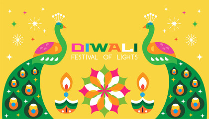 Traditional Indian festival Diwali. Happy Festival of lights Deepavali, peacock, rangoli Template  banner, poster,card  Festive Burning diya background Vector abstract icon  illustration