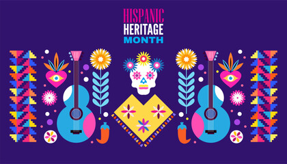 National hispanic heritage month banner with latin geometrical patterns, mexican flowers, guitar, bright colored decor