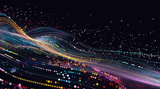 Abstract vector illustration of data flow with binary code and colorful lines on a black background
