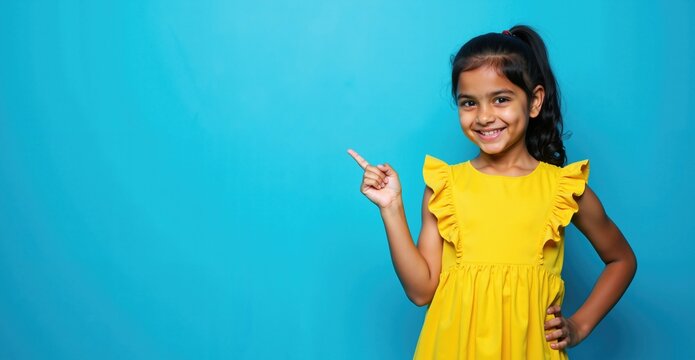 Naklejki Smiling Indian Girl Pointing Up in Frilly Yellow Dress on Blue Background