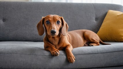 Red smooth haired dachshund dog lying on sofa at home