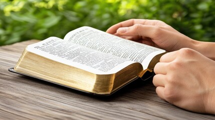 Fototapeta premium Soft light highlights a woman's hands as she reads an open Bible in a church, creating a serene atmosphere during a Christian celebration focused on spirituality.