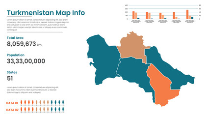 Turkmenistan political map of administrative divisions states, Colorful states  in Turkmenistan map infographic, Turkmenistan Map Info, Turkmenistan Population.