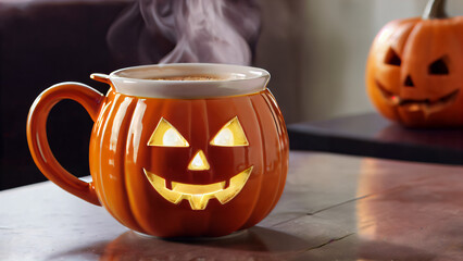 Святкова Хелловінська Керамічна Чашка у Формі Гарбузового Ліхтаря з Вирізаними Очима, Носом та Зубастим Ротом, Оранжевий Тон з Чорними Деталями, Наповнена Гарячим Напоєм з Парою, Вершками, Посипаними 