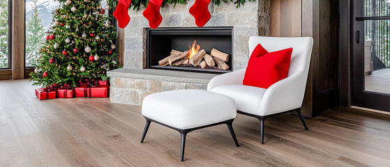 Cozy Christmas Setting A Warm Fireplace with Stockings Hung Above, Inviting Calm and Tranquility in a Snowy Winter Wonderland Perfect for Holiday Relaxation