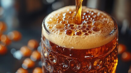 A bartender pours a generous amount of amber beer into a glass stein, creating a frothy head. The atmosphere is warm and inviting.