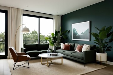 Modern Living Room Design with Sofa and Green Plants in Contemporary Home Decor